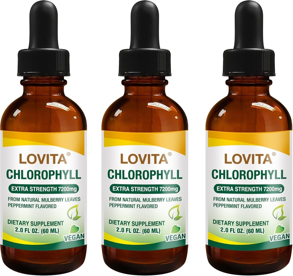 Krople płynne Lovita Chlorophyll, duża moc 120 mg / ml, 7,200 mg na butelkę, naturalny booster energetyczny i wsparcie immunologiczne, dezodorant wewnętrzny, zdrowie skóry, wegański & Non-GMO, aromat miętowy, 180 Sług