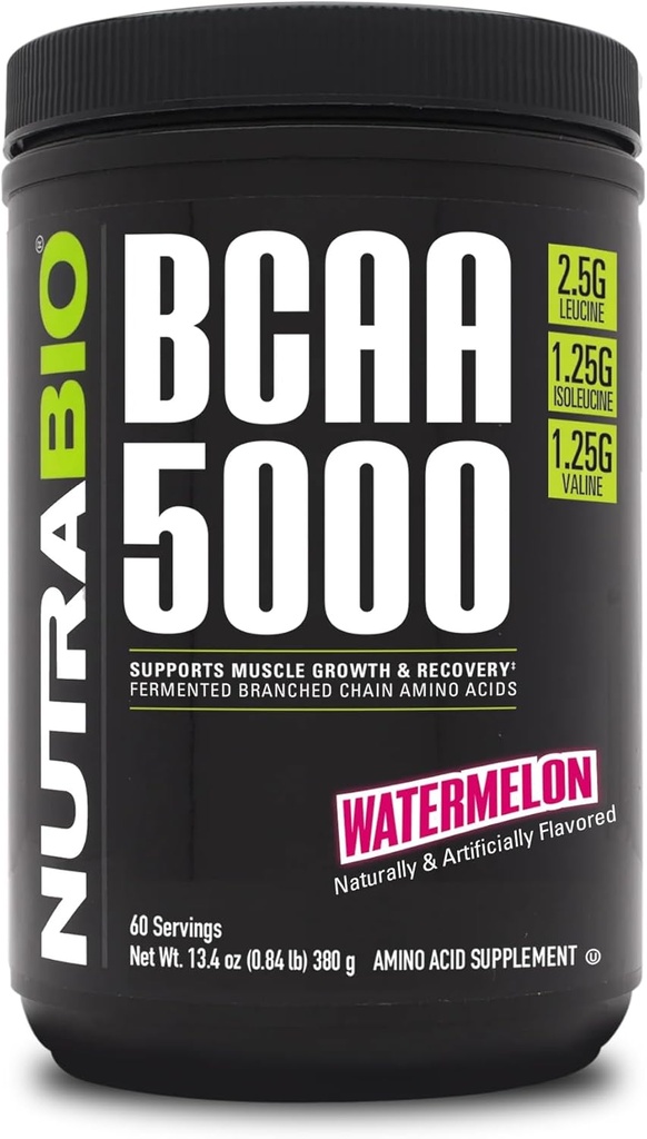 NutraBio BCAA 5000 Proszek - Wegan fermentowany BCAA - Wspiera Lean Muscle Growth, Odzysk, Wytrzymałość - 60 Służenia - Arbuz