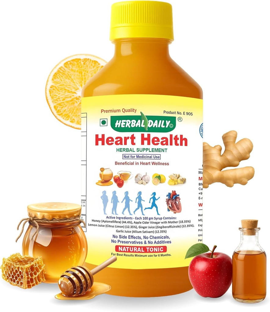 Heart Health 400 ml Suplement diety - Wspomaga Heart Wellness i Lowers Cholesterol - Jabłko Cydr Ocet (ACV), Sok czosnkowy, Ginger, Lemon i Miód - 1 Butelka