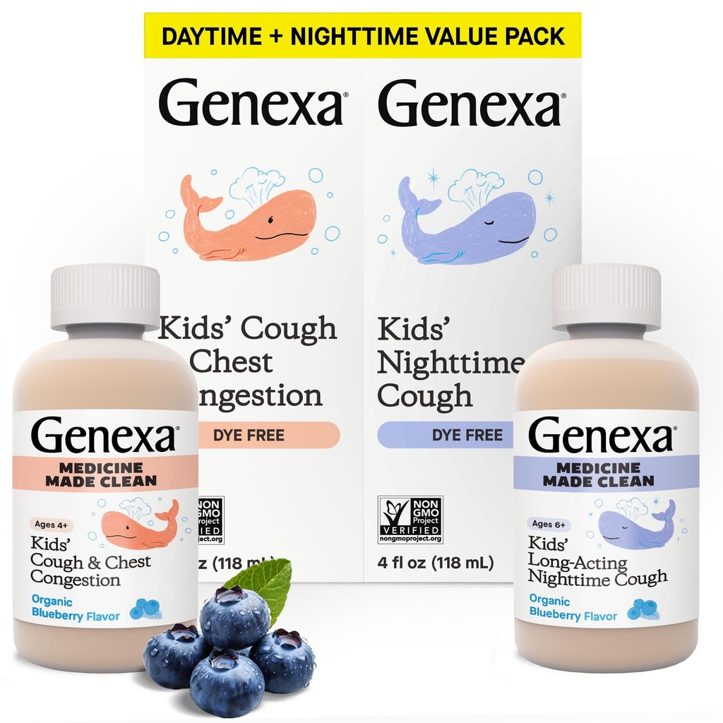 Genexa Kids 'Clean Day & Night Cough Medicine, Dye Free, 0% Sztuczne dodatki, Kaszel dla dzieci, Przekrwienie klatki piersiowej, Nose Runny & Sneezing Relief, Wiek 6 +, Organic Blueberry Flavor, 8 fl oz (2 Pack)