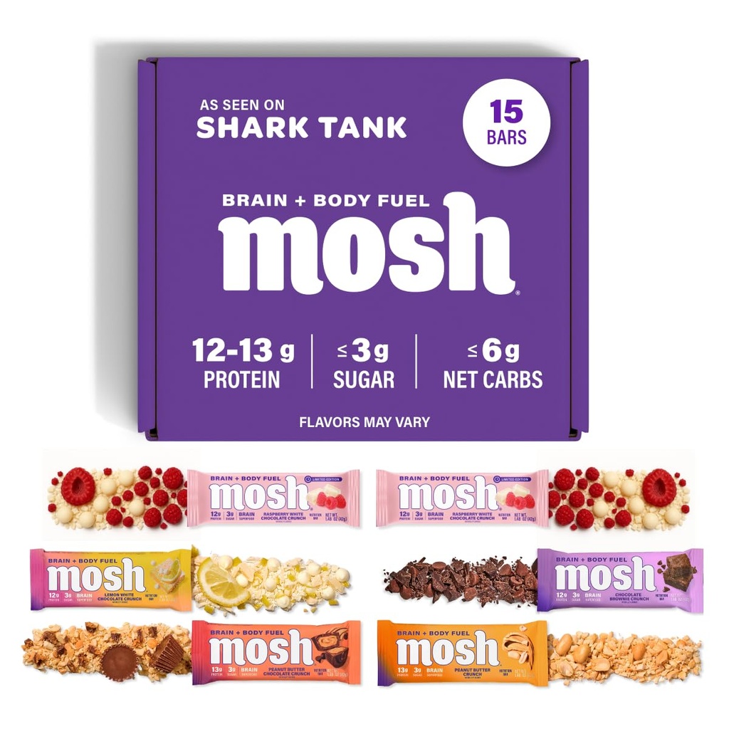 MOSH Variety Pack Keto Protein Bars, High Fiber, Low Carb, Gluten Free, High Protein, Brain Healthy Snack with Ashwagandha, Lion's Mane, 15 Count