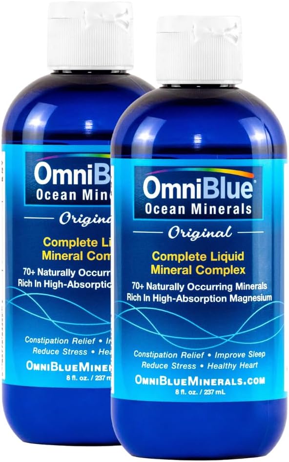 Minerały OmniBlue Ocean - 70 + Minerały śladowe i płynne Magnez - Potas, Chloro- Niski Sód - Naturalne wsparcie dla snu, trawienia, Regularności, Nawodnienia i równowagi elektrolitowej (2- Pack 8oz)