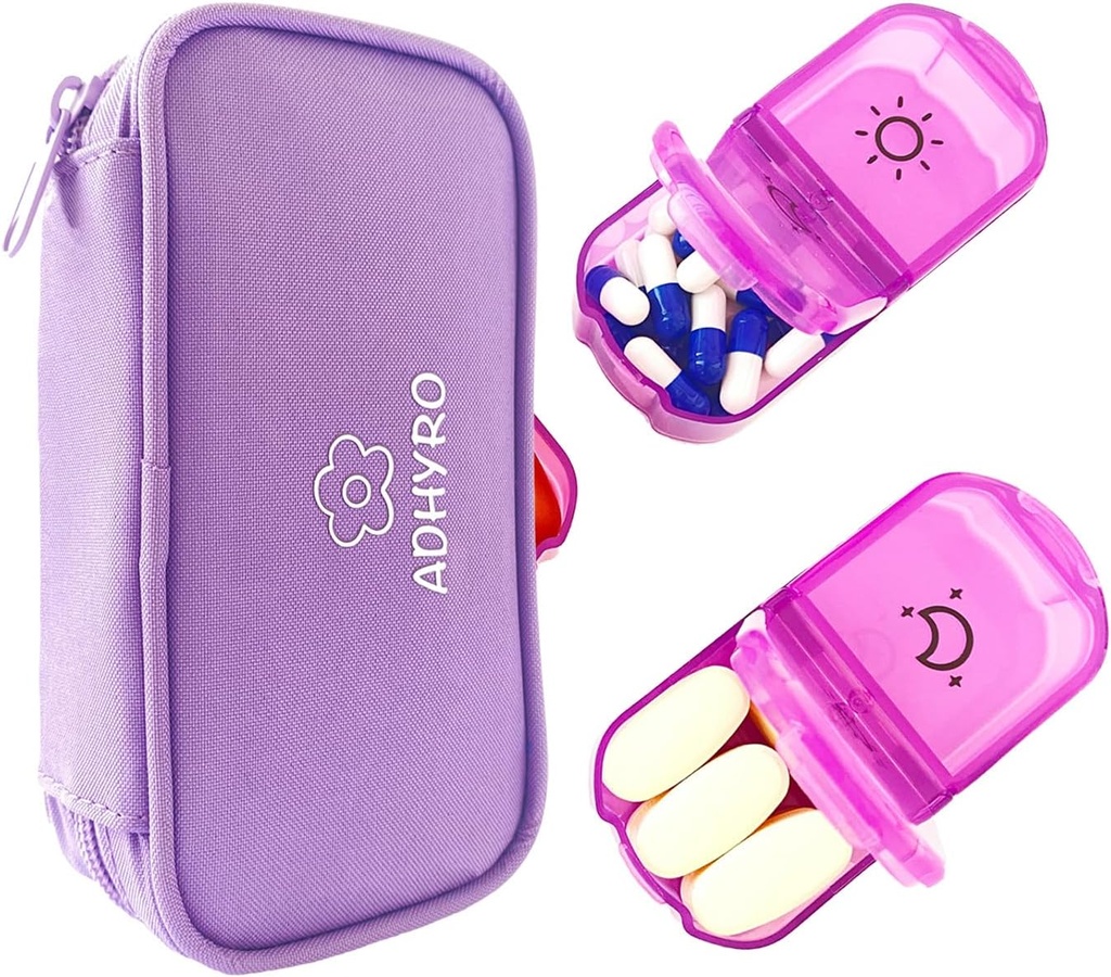 Pil Organizator 2 razy dziennie, Duży AM / PM Cotygodniowe Pill Box 7 Pill Case z napisanych etykiet i ochrony prywatności Light- Purple Zipper Bag do przechowywania suplementów, Witaminy i olejów rybnych