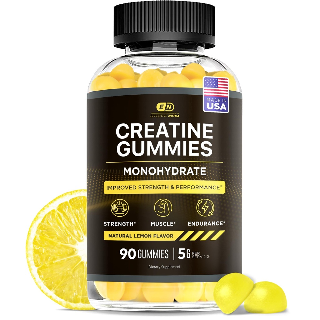 Efektywne gumki jednowodzian Nutra Creatine - 1g kreatura na gumę - Wegański suplement mięśni i siły dla mężczyzn i kobiet - Wspiera wzrost mięśni, energia, wytrzymałość - Lemon Flavor, Made in USA (90ct)