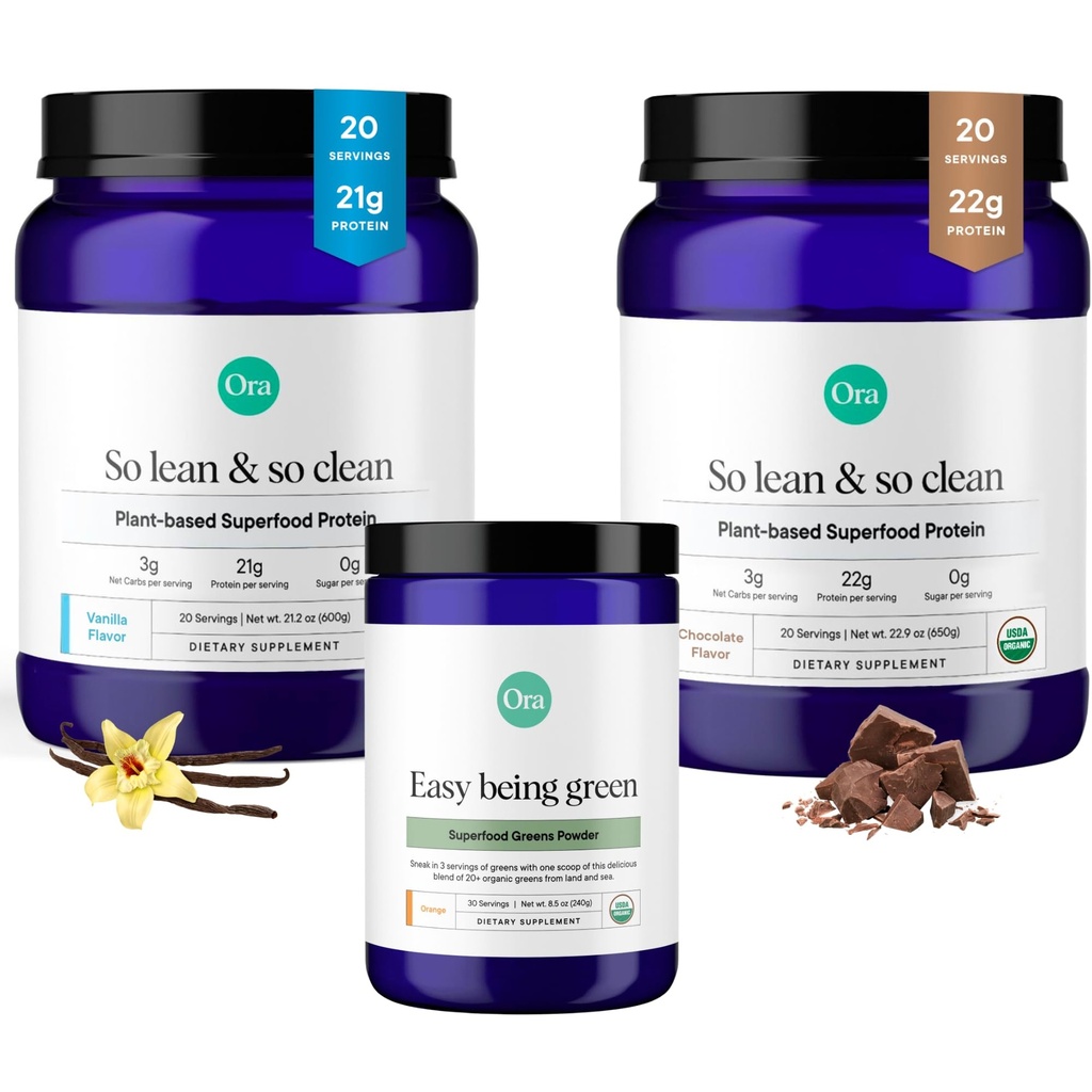Ora Organic Vegan Protein Powder Czekolada, Vanila & Zieloni Powder Bundle: 22g Roślina na bazie, Czekolada, 20 Słupki + 21g Roślina na bazie, Wanilia, 20 Słupki + Organic Super Zieloni Drink, 30 Słupki