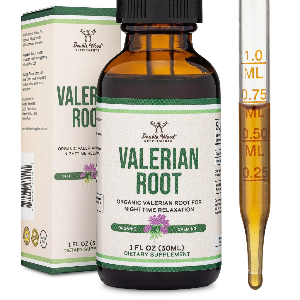 Valerian Root Drops for Sleep - Organic Valerian Root Tincture Extract 168mg - 1 FL OZ, 30 Servings (Better Absorbowany Niż Kapsułki, Enhances Valerian Root Tea) for Relaxation and Calm by Double Wood