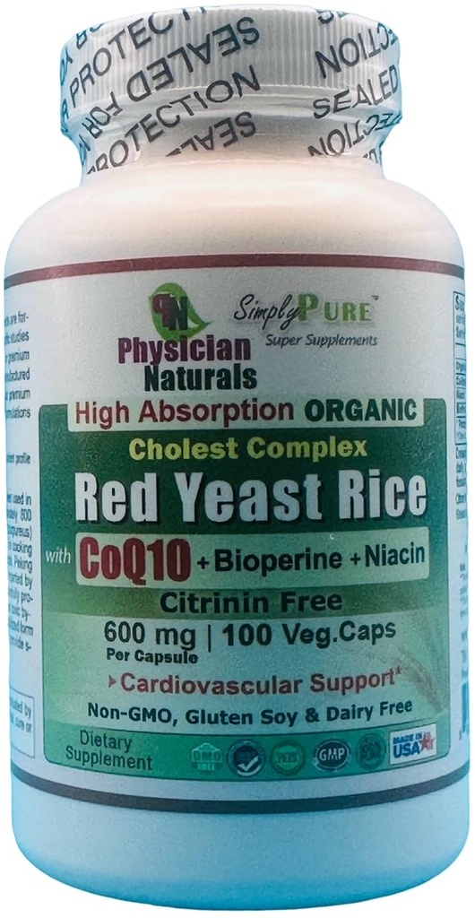 Organic Red Yeast Rice w CoEnzyme Q10 i Piperine 600 mg Wysoka absorpcja 100 Czapki Veg 1200 mg na jedną porcję