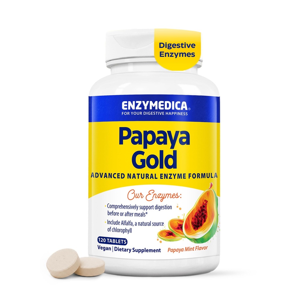 Enzymedica Papaya Gold, Advanced Digestive Enzymes with Natural Organic Papaya & Chlorophyll for Complementary Disease Support, High Potency Bromelain & Papain, Vegan, Mint, 120 Tabletki do żucia
