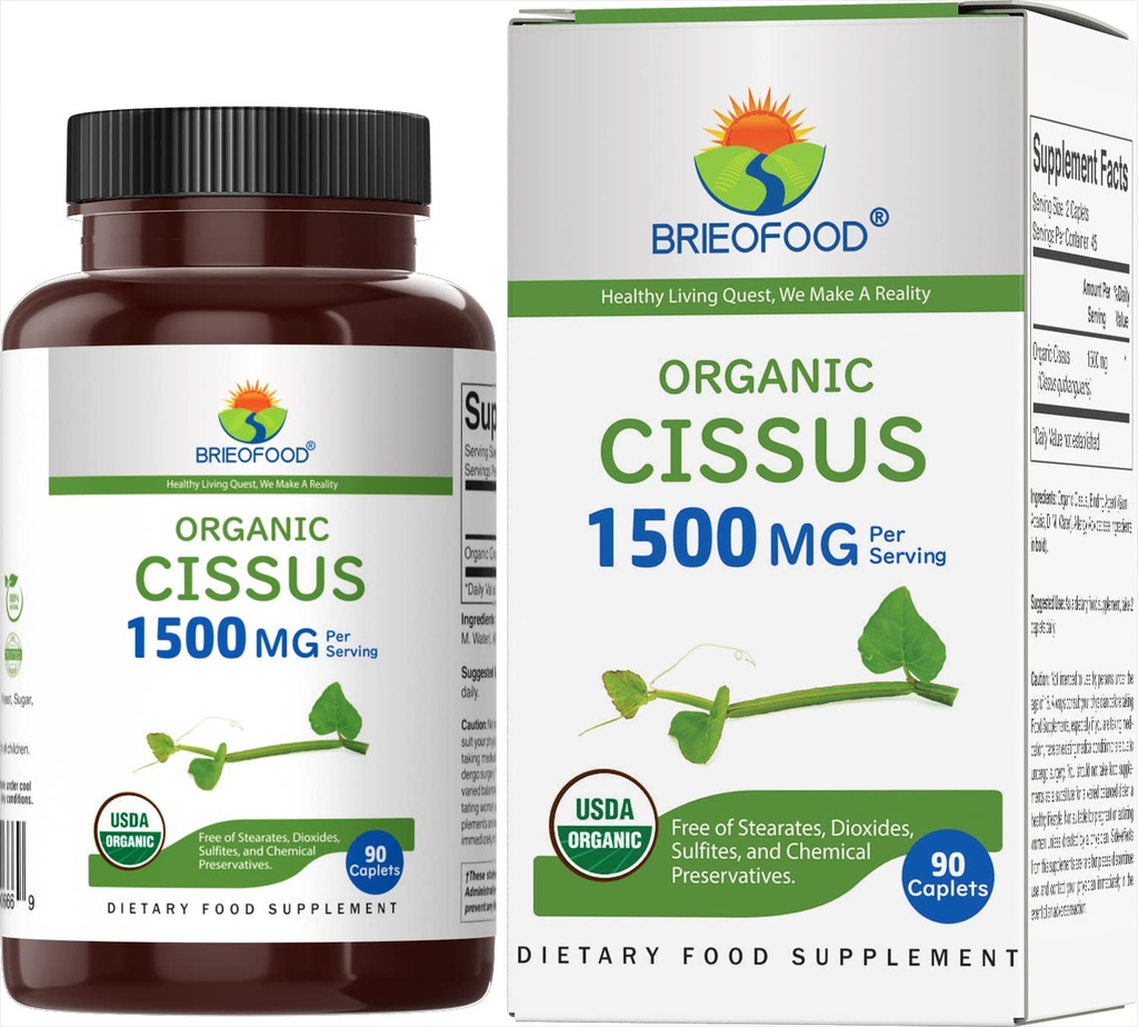 Brieofood Organic Cissus Quadrangularis 1500mg, 45 Służenia, Wegetarianin, Gluten Free, 90 Tabletki wegetariańskie
