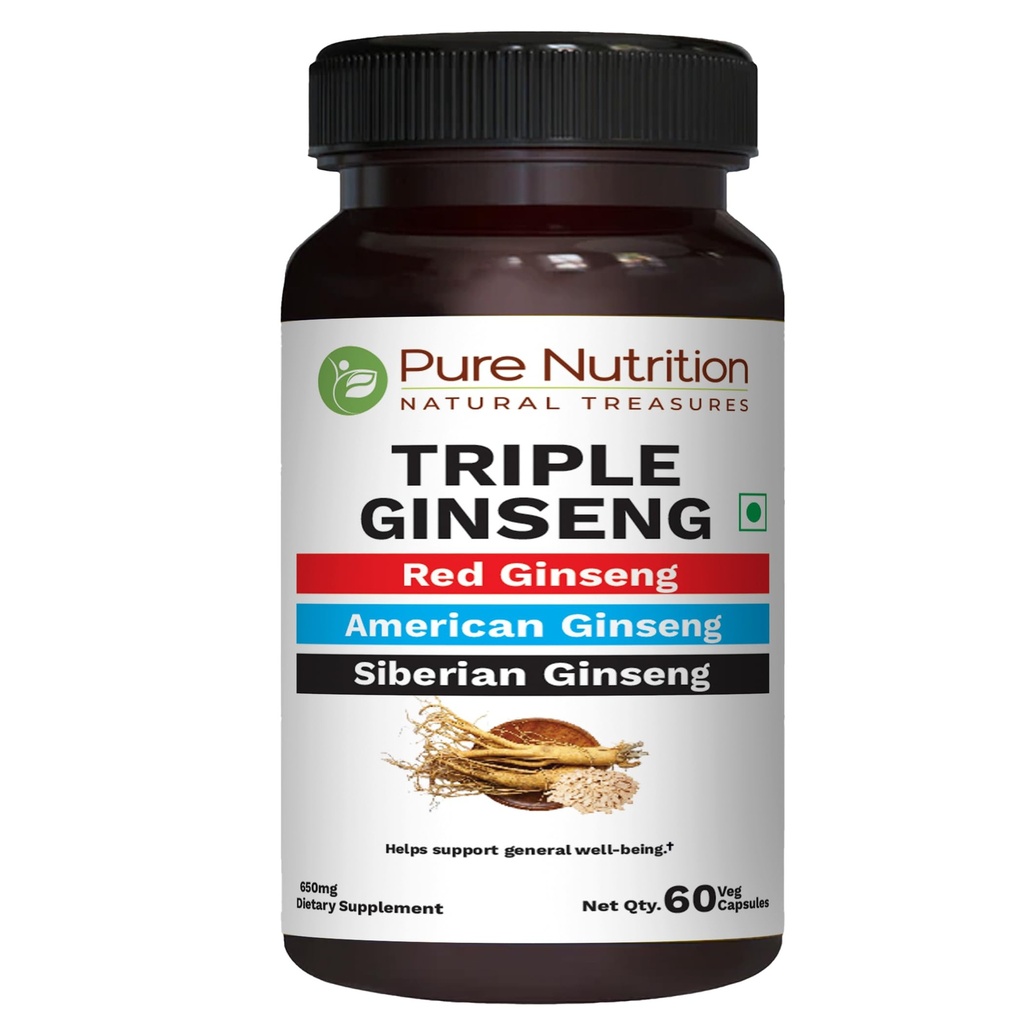 Pure Nutrition Triple Ginseng - unikalna i skuteczna kombinacja Red Ginseng, American Ginseng i Siberian Ginseng. 790mg na kapsułkę