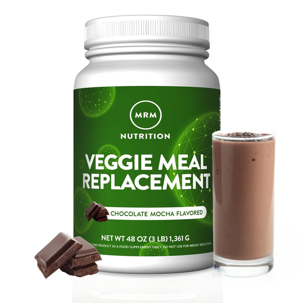 MRM Nutrition Veggie Meal Replacement Protein: 124; Chocolate Mocha Flavored: 124; 22g complete plant based protein: 124; Meal on-the- go: 124; Mediate Hungary: 124; Balanced macronutrient formula: 124; 28 servings