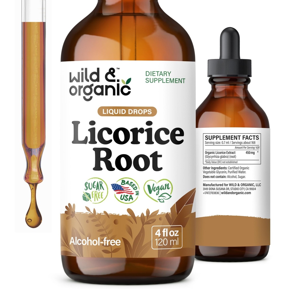 Wild & Organic Licorice Root Tincture - Digestive, Lung & Skin Support - Licorice Root Extract Liquid Drops - Vegan, Sugar & Alcohole Free Supplement - 4 fl oz