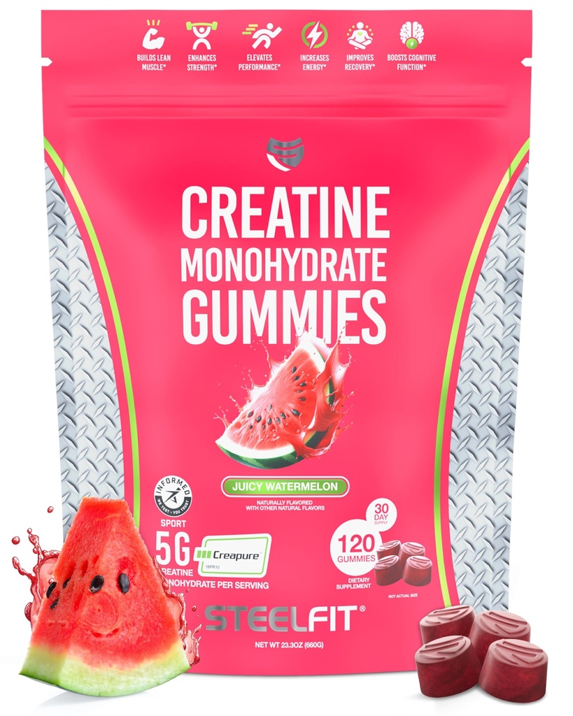 SteelFit Creapure Creatine Monohydrate Gummies for Men & Women, Juicy Watermelon - Gym Workout Nutritional Supplements for Muscle Gain, Brain Health & Strength Building Dietary Supplement, 120 Gummies