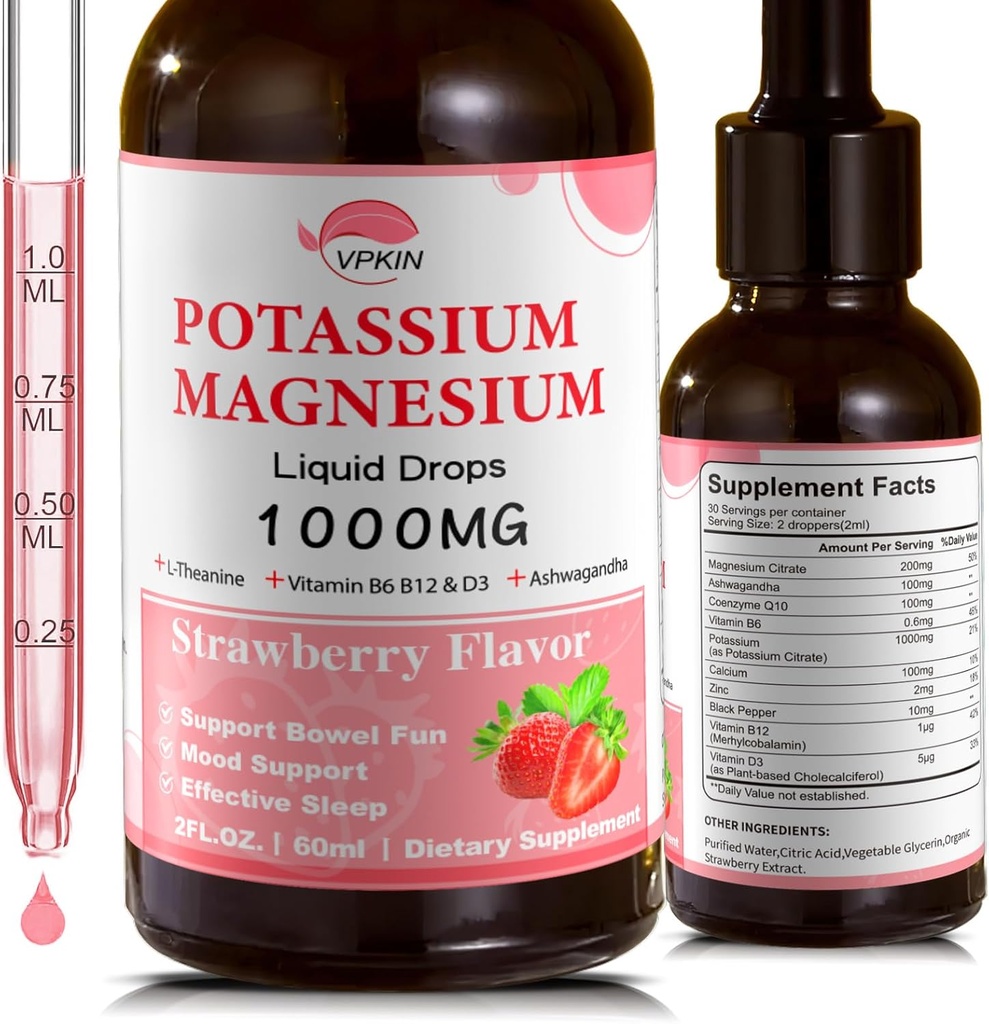 Potasu Magnezu Citrate Supplement, Magnezu płynne krople z Magnezu Glicynian 1000mg z Ashwagandha, Cynk, Wsparcie Małża i System immunologiczny (Truskawka, 2 FL.OZ.)