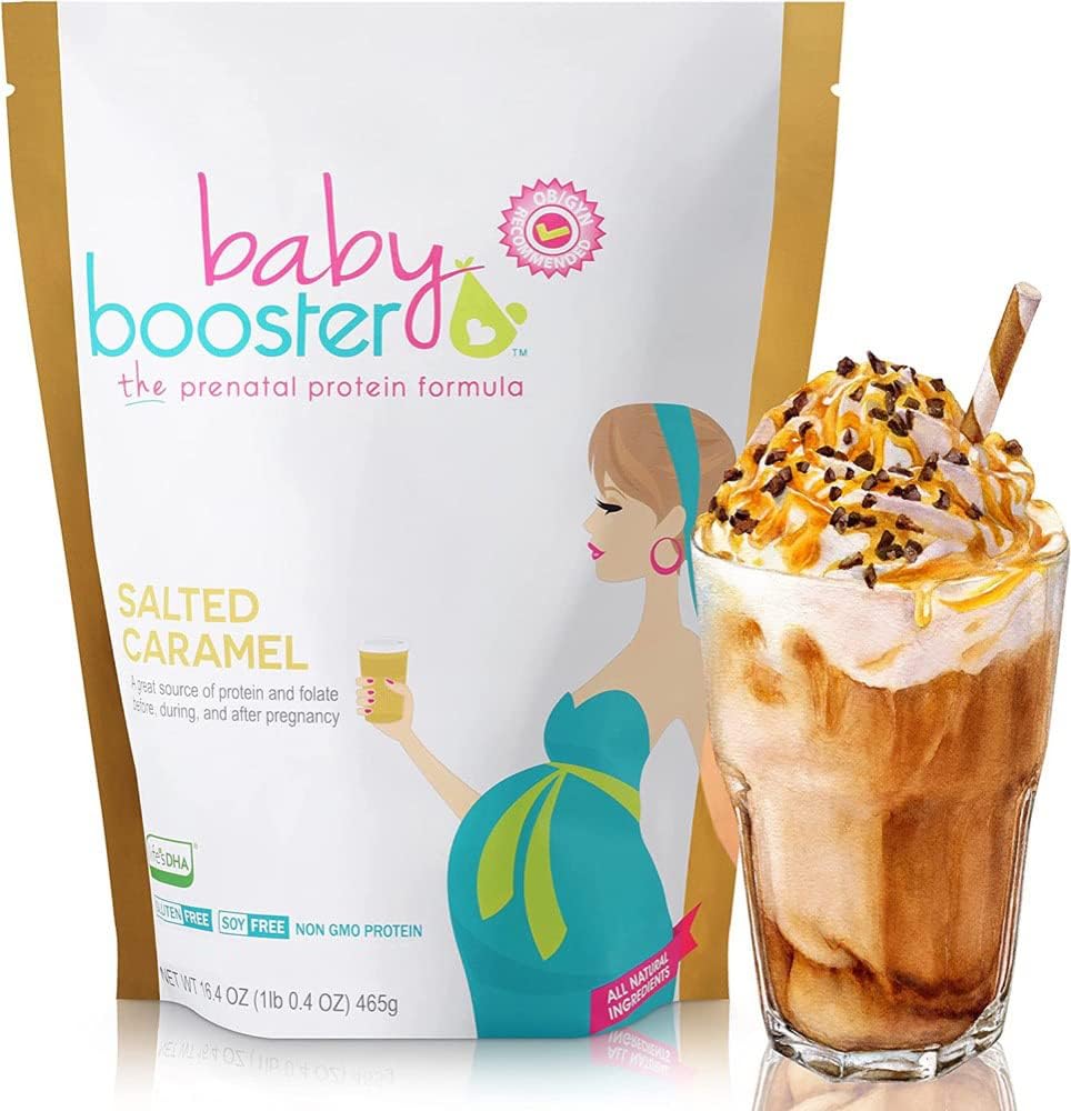 Booster dla dzieci Salted Karmel Prenatal witamina suplement i shake białka, kofeina wolna, wszystkie naturalne, wegetariańskie DHA, wysoki poziom białka, Metyl Folate, B Witaminy, Wielki na poranną chorobę, 1 lb