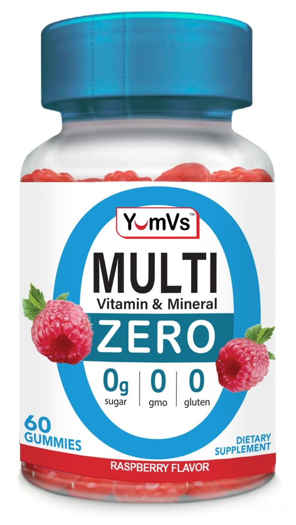 YUM- V 's Multivitamin Zero Gummies by YumVs Xi124; Sugar- Free Vitamin Supplement for Women & Men Xi124; Chrom, Tiamina i Magnezu Xi124; Natural Malina Flavor Chewables - 60 Count