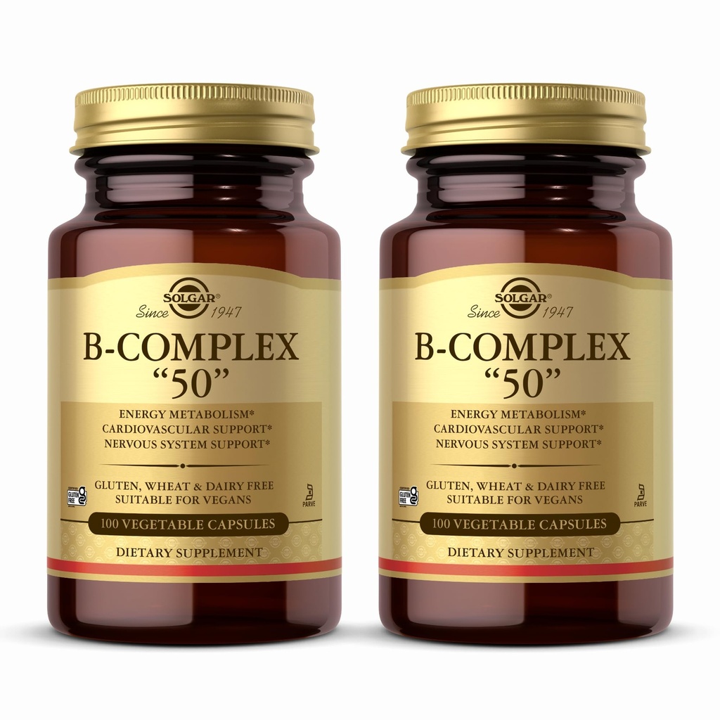 Solgar B- Complex "50" - 100 Kapsułki warzywne, Opakowanie 2 - Energia Metabolizm & Wsparcie układu nerwowego - Non-GMO, Wegan, Gluten Free - 200 Całość Sługi
