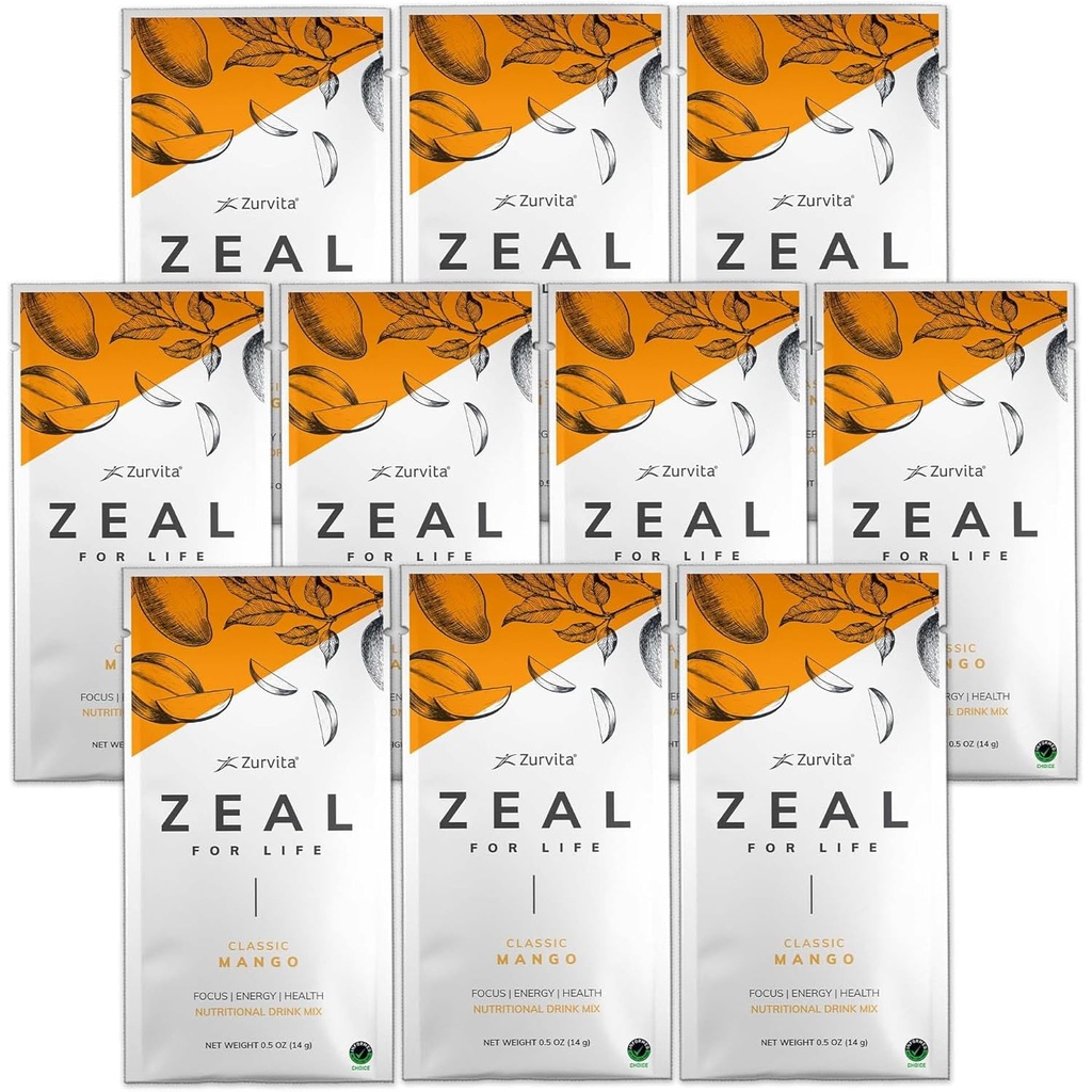 Zurvita - Zeal for Life Wellness Drink Mix - Classic Mango Flavor - Gluten- Free, Vegan, z biotyną, witaminy i minerały dla zdrowia - 10 pakietów