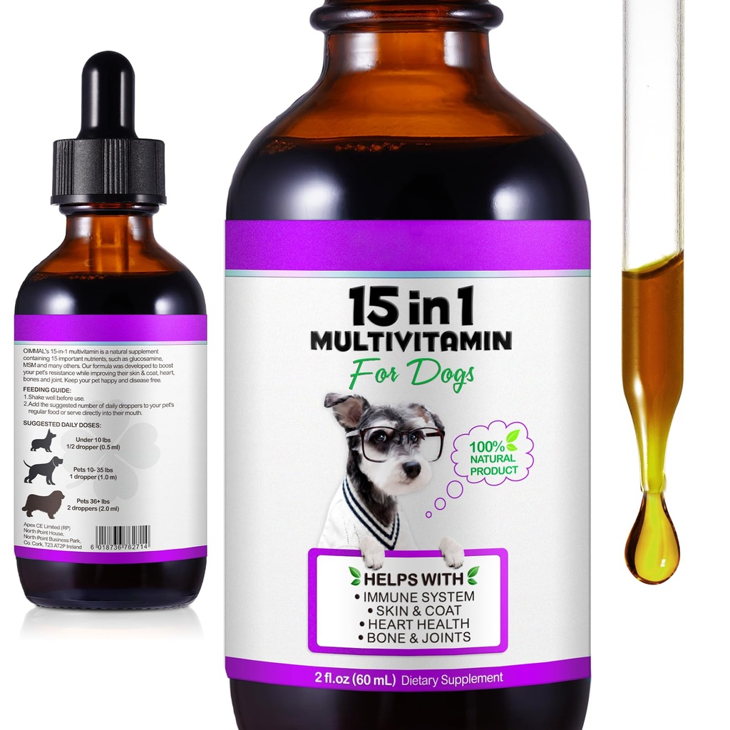 15 w 1 Pies Multivitamin Dropy dla psów - Dog Vitamin & Suplementy Natural Dog Multivitamin i minerałów - Glukozamina, MSM dla skóry & Coat, Heart Health, Kości, Wspólne, Wsparcie układu immunologicznego