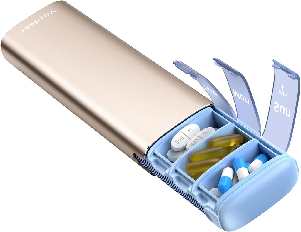 Vaydeer Metal Travel Pill Organizer, 7 Day Weekly Pill Box, Large Capacity Daily Cute Pill Case for Supplements, Pills, Vitamins and Medication (Small, Champagne)