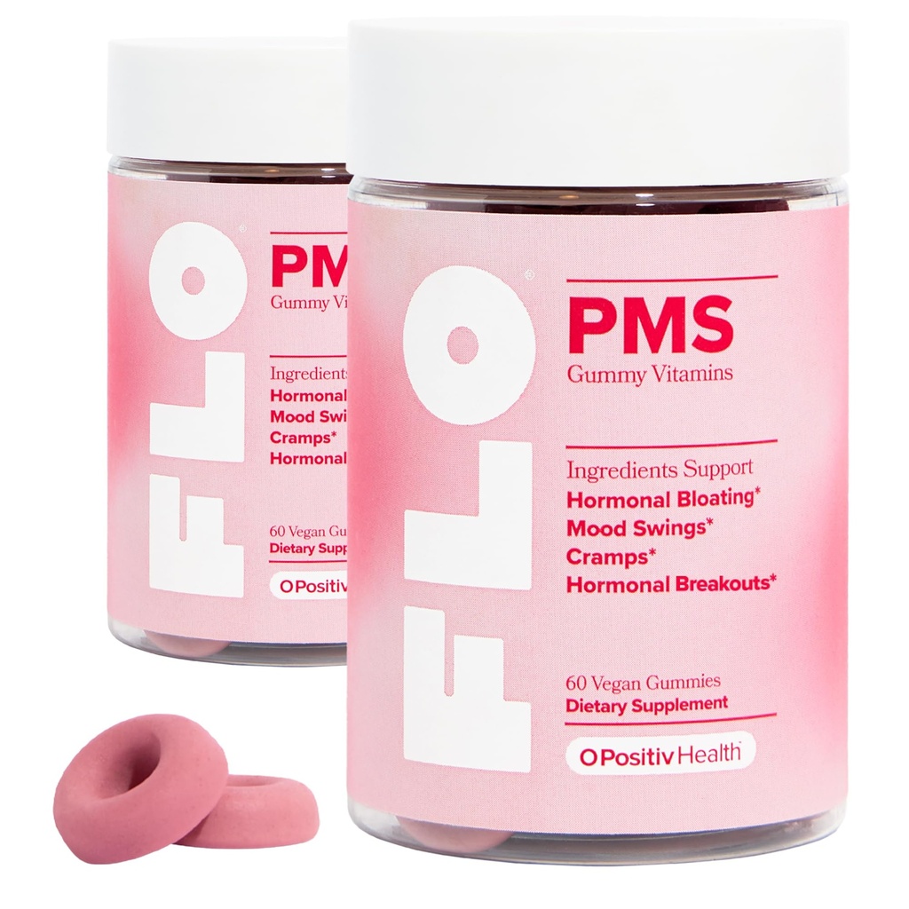O Pozytiv FLO PMS Gummies dla kobiet - Proactive PMS Relief - Cele Hormonalne Bum, Bloating, Cramps, & Mood Swings z Chasteberry, Witamina B6, & Lemon Balm - PMS Gummies (Opakowanie 2)