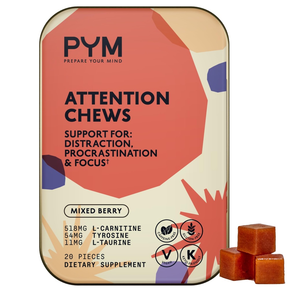 PYM Uwaga Żuje Wsparcie dla Procrastination, Focus & Productivity, 20 Hrabia 124; 518mg L- Carnitine, 54mg Tyrosine, 11mg L- Tauryna, Kawa wolna 124; All- Natural Mood Boost Supplement Made in USA