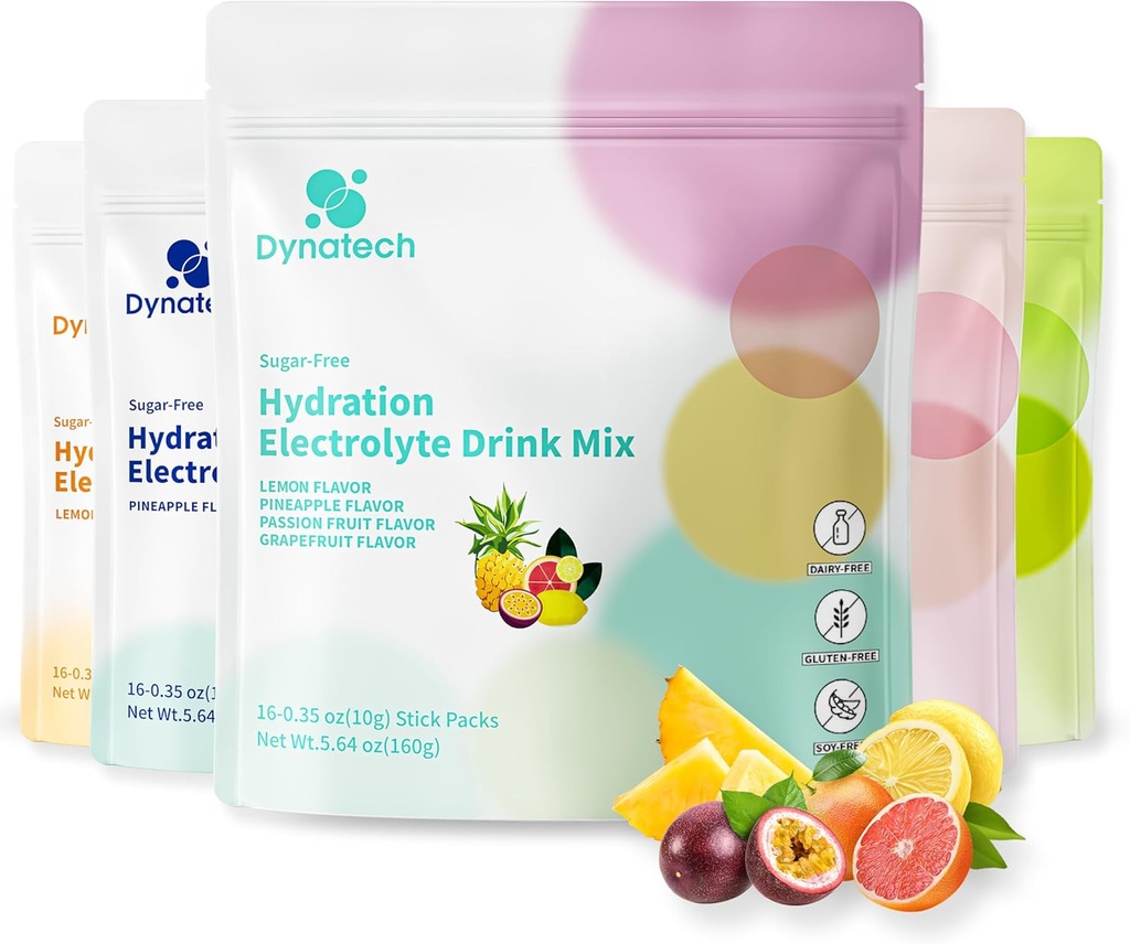 Dynatech Zero Sugar Electrolyte Drink Mix - Variety Pack - Hydration Powder Pakiety z 10 Electrolytes & Vitamin Between 124; Non- GMO, Gluten Free, Wegan Electrolytes Pakiety proszkowe