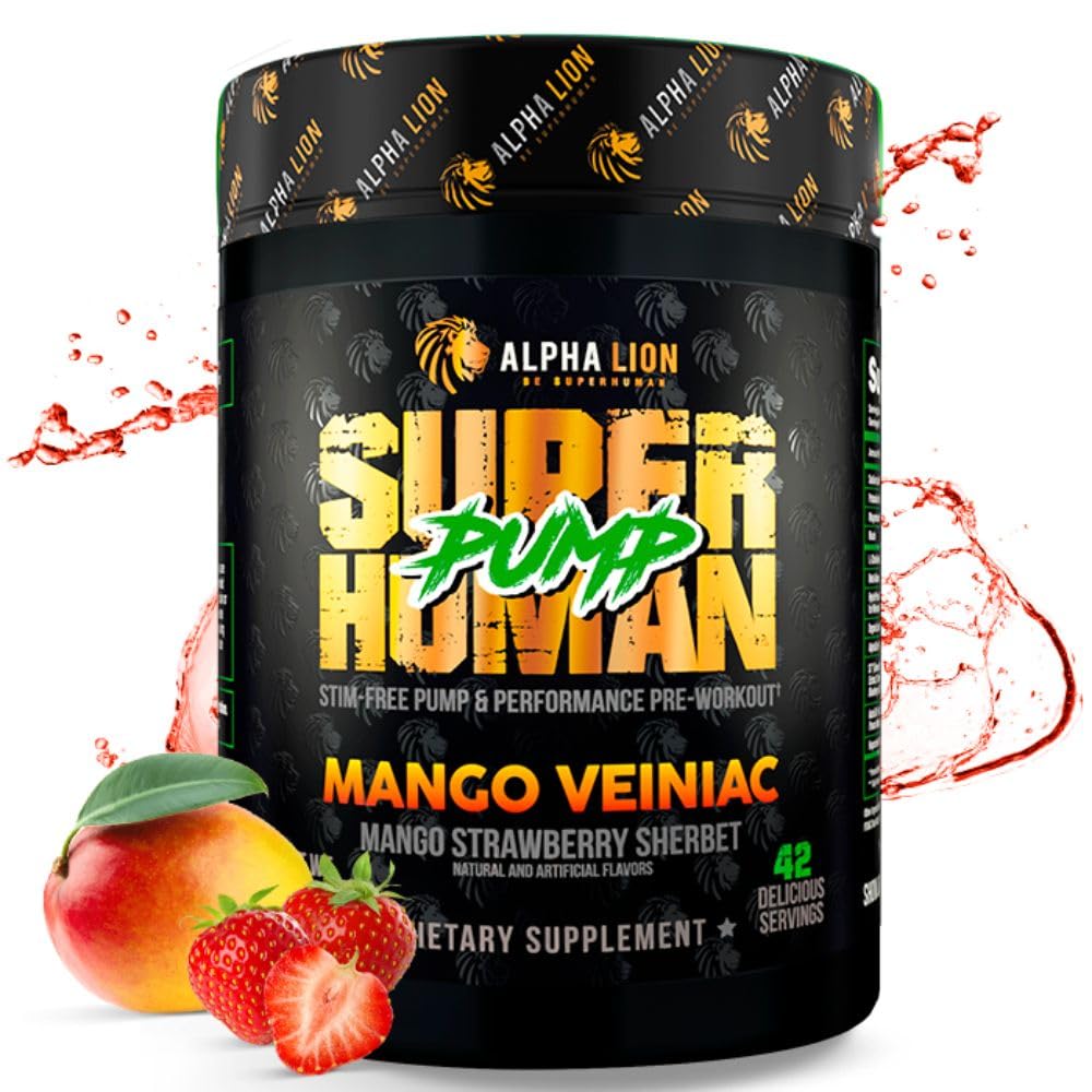 ALPHA LION Superman Pompa przed treningiem Proszek, Kofeina Nootropowa & Stim Bezpłatny trening suplement, Azoksyd azotowy Booster, Muscle Gainer, Energia i Focus (42 Służenie, Mango Veiniac Flavor)