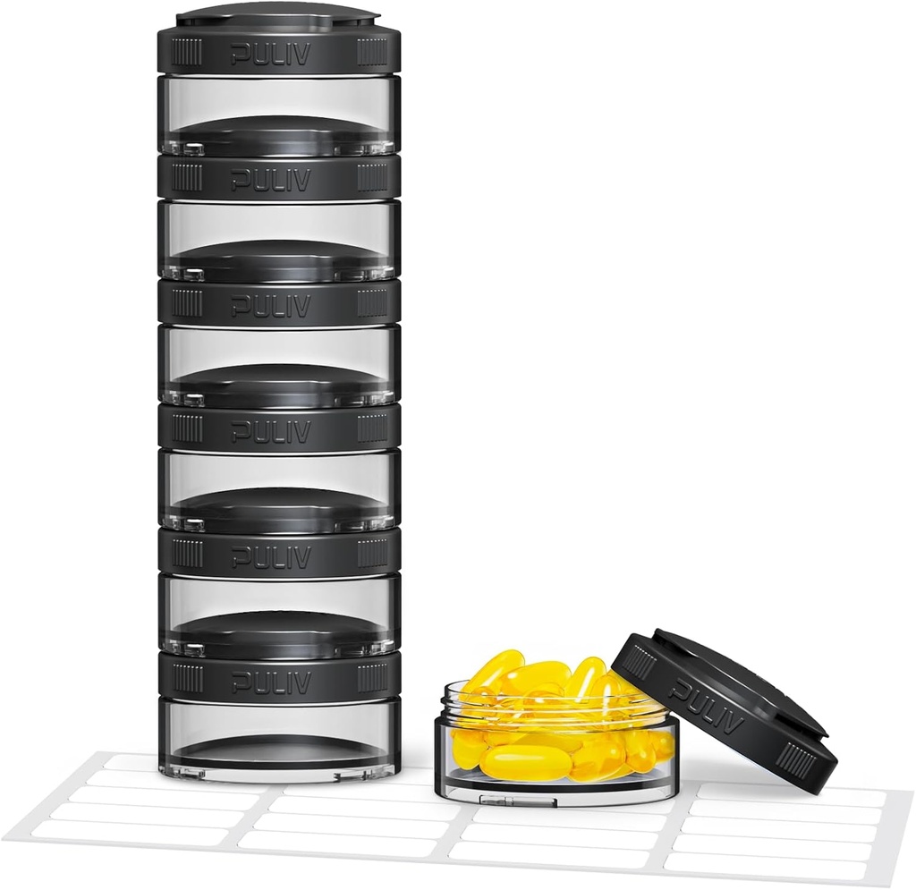 PULIV Stackable Weekly Pill Organizator do elastycznego użytkowania, duży pióro podróży Case 7 dzień z szerokimi otwarciami do łatwego odzyskiwania i napełniania, BPA- Free, 20 Naklejki, Mieszane witaminy, Suplementy, Oleje rybne