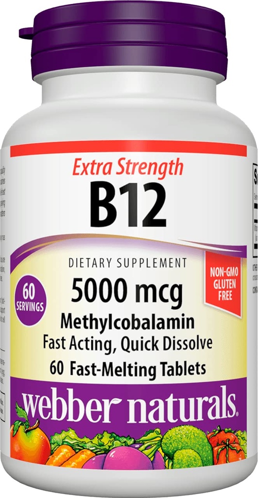 Webber Naturals Vitamin B12 5000 mcg, 60 Count, Fast Dissolve Tablets, Vitamin Supplement Support for Energy Metabolism, Immune and Heart Health, Vegetarian Formula, 60 Day Supply