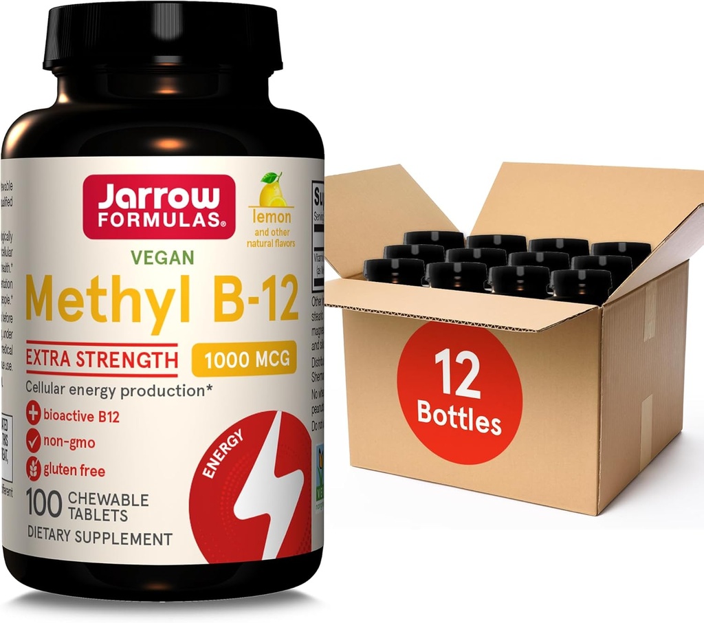 Jarrow Figures Extra Siła metylowa B- 12 1000mcg, Suplement diety do produkcji energii komórkowej i wsparcia zdrowia mózgu, 100 Lemon- aromatycznych tabletek do żucia, 100 Day Supply, Opakowanie po 12