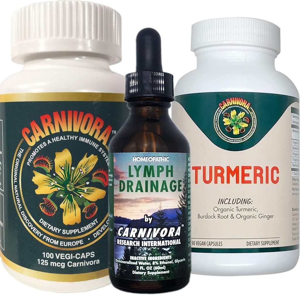 Carnivora Triple Play - Wsparcie układu immunologicznego, Flush systemu lymph i Ulepszenie połączeń i trawienia (Paczka z 1 butelką Każdy z Carnivora Vegi- Czapki, Lymph Drainge, i Turmeric)