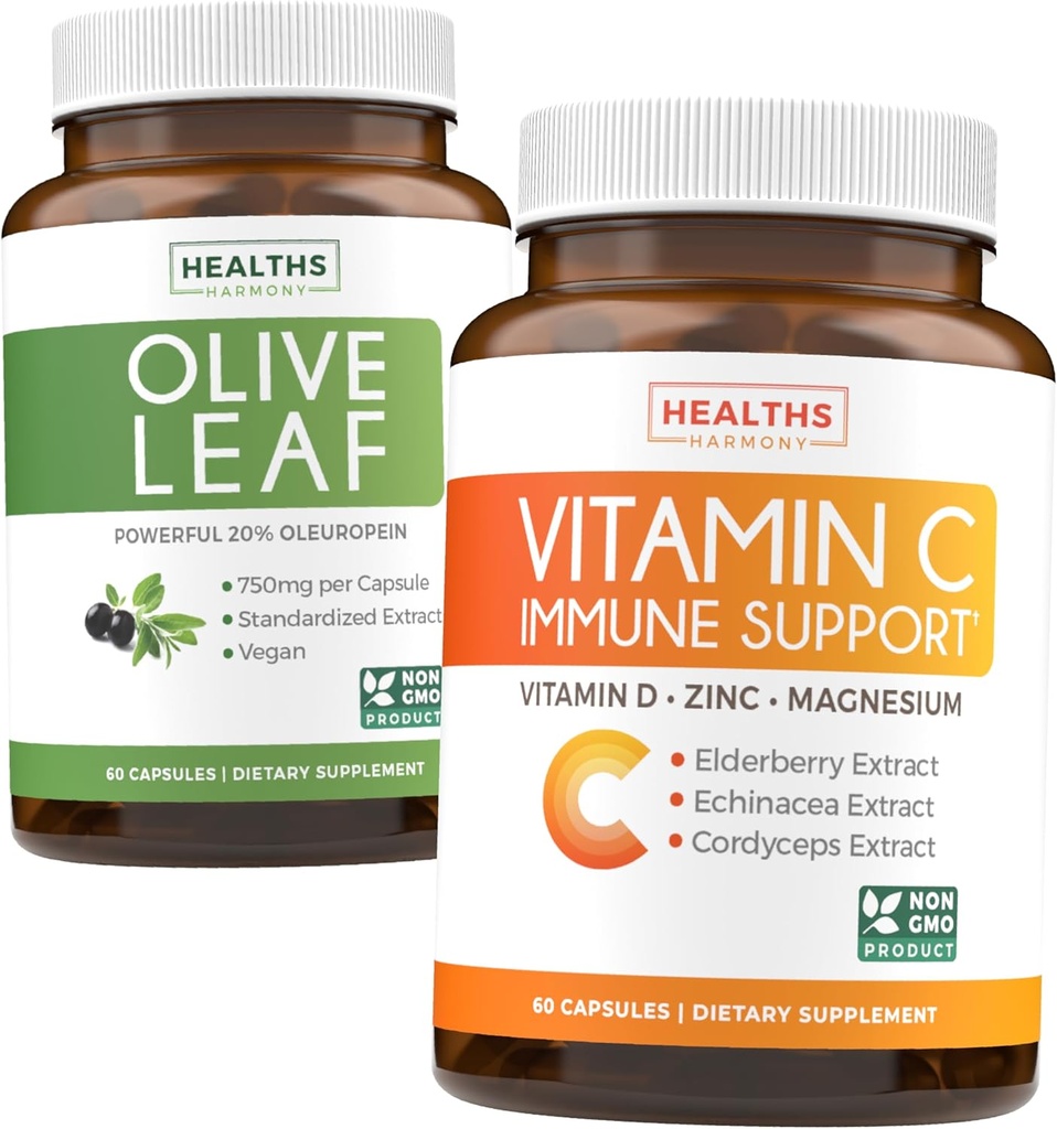 Zaoszczędź 4 dolary (12% zniżki) - Herbal Immune Bundle - Olive Leaf Extract (Non-GMO) Super Siła: 20% Oleuropein 750mg czapki i immunologiczne Wsparcie - Witamina C z cynku, Witamina D, Elderberry & Echinacea (Non-GMO)