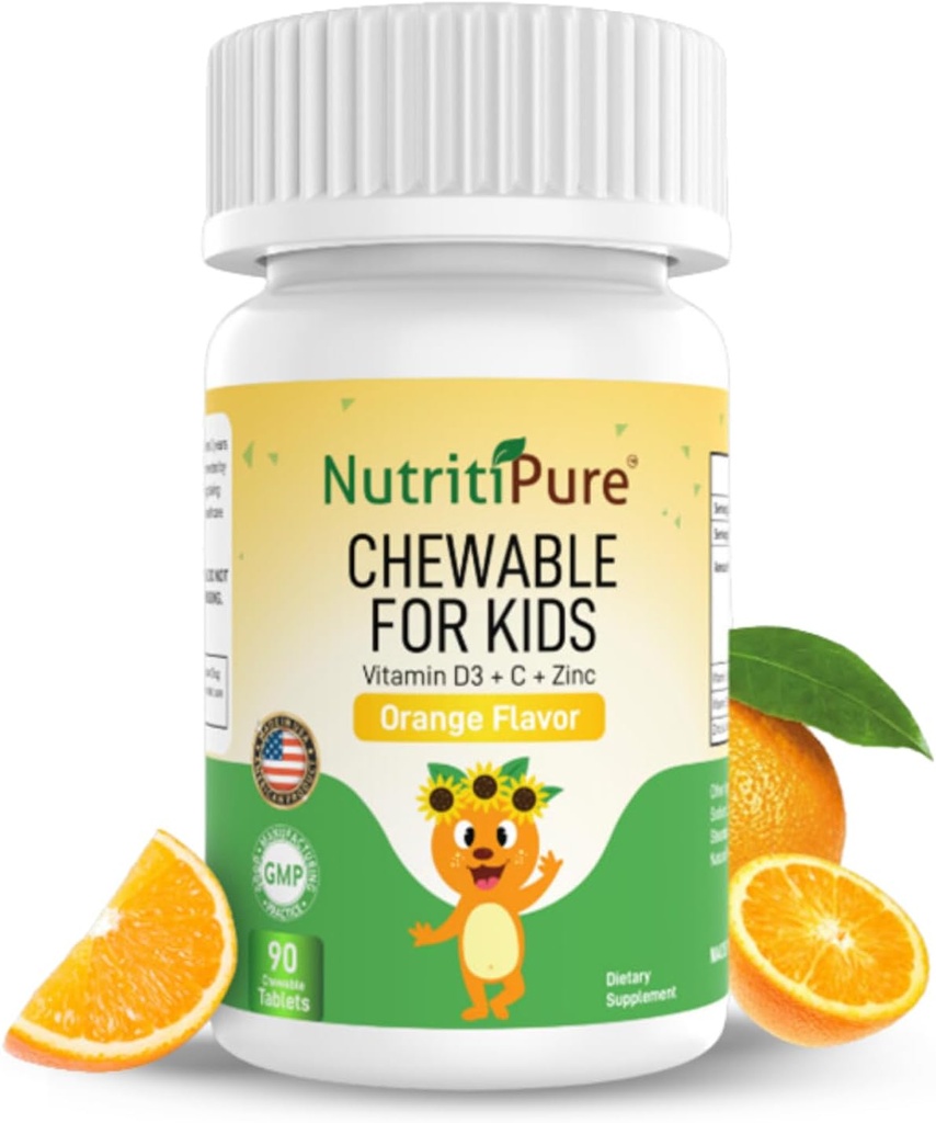 Witamina D3 do rozgryzania i żucia (Cholekalcyferol) 25 μg (1000 j.m.) + Cynk (Cytrynian cynku) 5 mg + Witamina C 30 mg dla dzieci Flavor pomarańczowy 90 / Butelka (1)