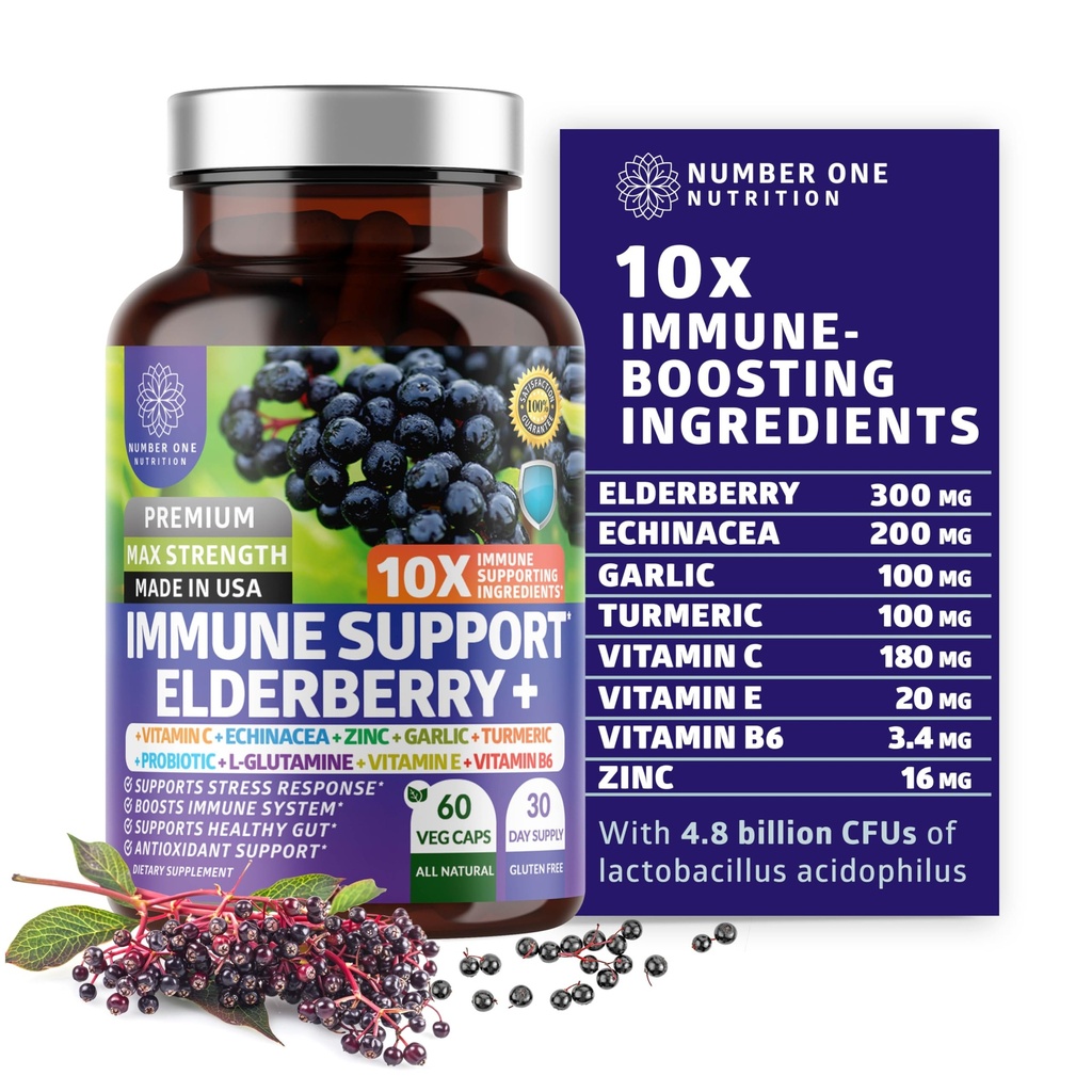 Premia 10 w 1 Suplement wsparcia immunologicznego [10 Potencjalne składniki] z Elderberry, Witamina C, Echinacea, Cynk i Probiotyk do wsparcia immunologicznego, Gut Zdrowie i Lepsze spożywanie, 60 Czapki Veg