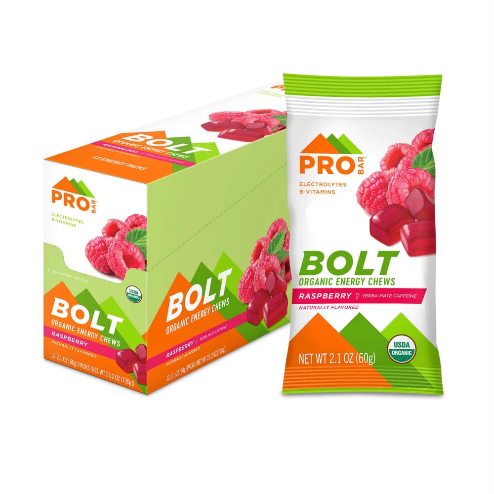 PROBAR - BOLT Organic Energy Chews, Malina, Non-GMO, Gluten- Free, USDA Certified Organic, Zdrowy, Natural Energy, Gummies Fast Fuel z witamin B & C (12 Count)