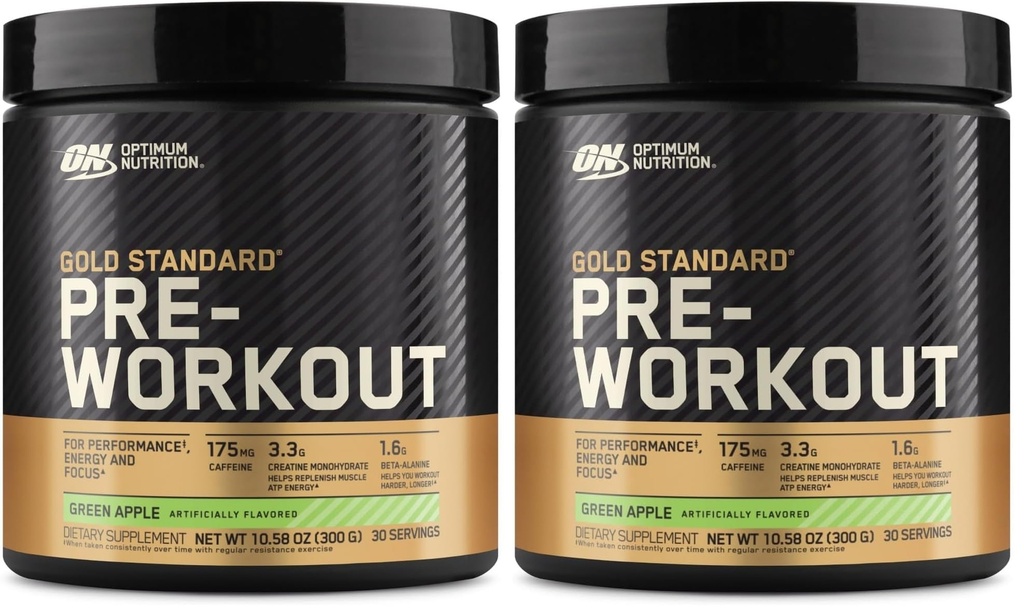 Optimum Nutrition Gold Standard Pre Workout with Creatine,Beta-Alanine,and Caffeine for Energy,Flavor: Green Apple,30 Servings (Packaging May Vary),(Pack of 2)