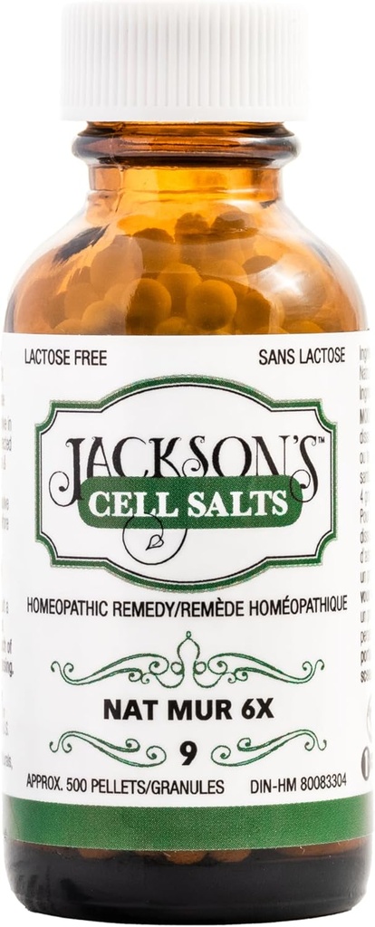 Jackson # 9 Cell Salt NAT Mur 6X (500 Pellet Bottle) - Certified Vegan, Lactose-Free Schuessler Tisk Salt Natrum Muriaticum 6X