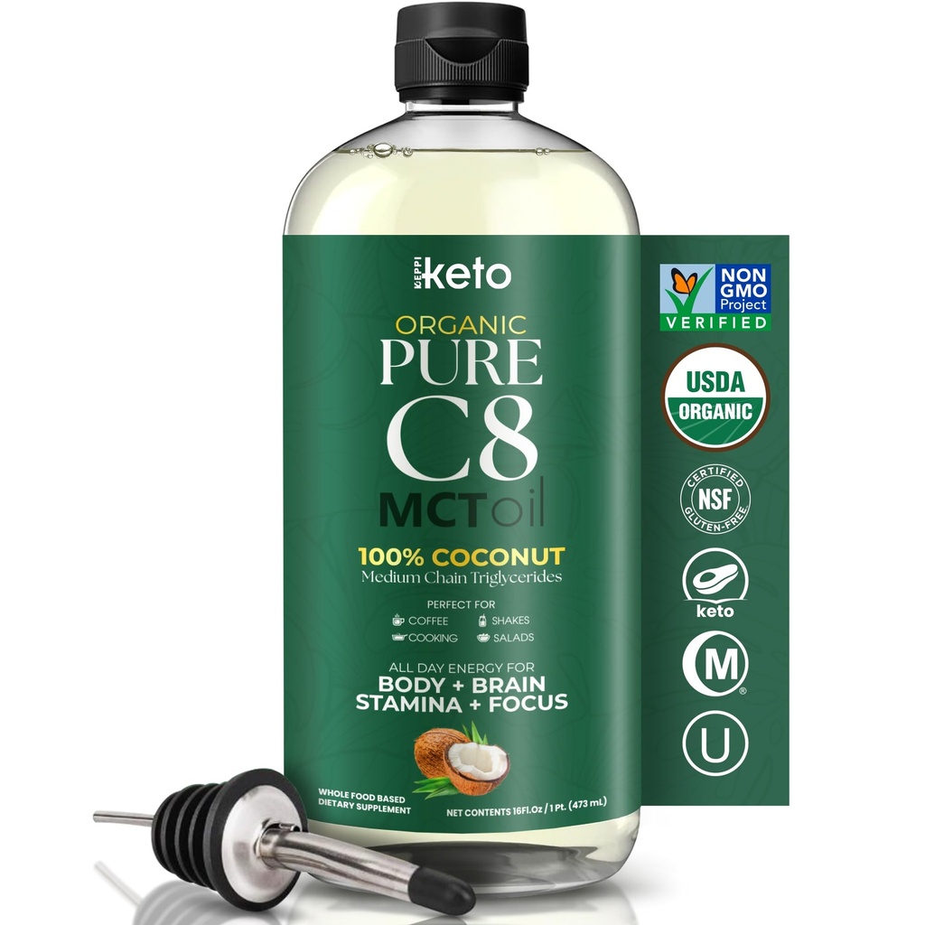 Keppi Organic MCT Oil - Flavorless C8, Non-GMO, Certified Organic, Gluten- Free, Palm Oil Free, Wegan, Kosher, Halal, 16 oz Olej kokosowy