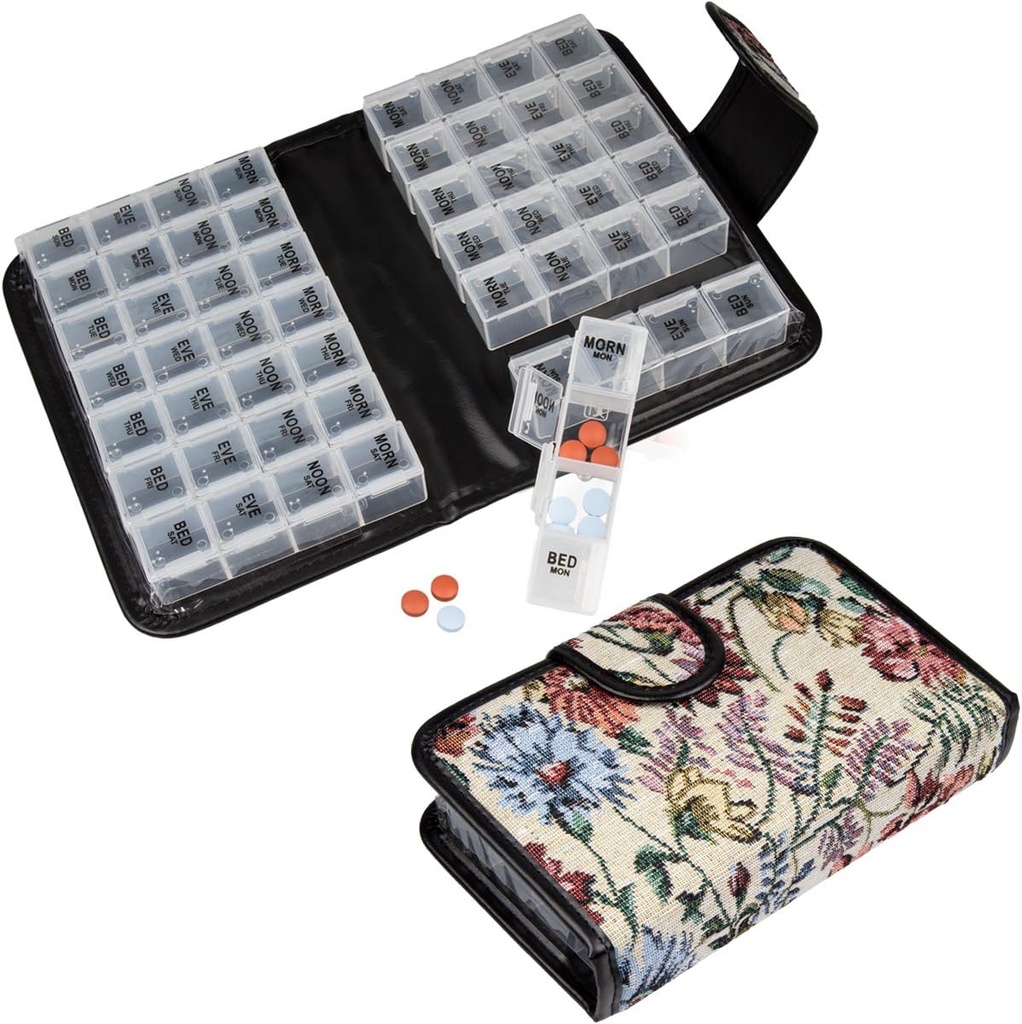 Floral Pill Case Box, 14 Day Pill Holder Pill Container & Medication Organizer, Travel Case - 4 Znakowane Komory na każdy dzień tygodnia - Morn, Noon, Eve, Łóżko