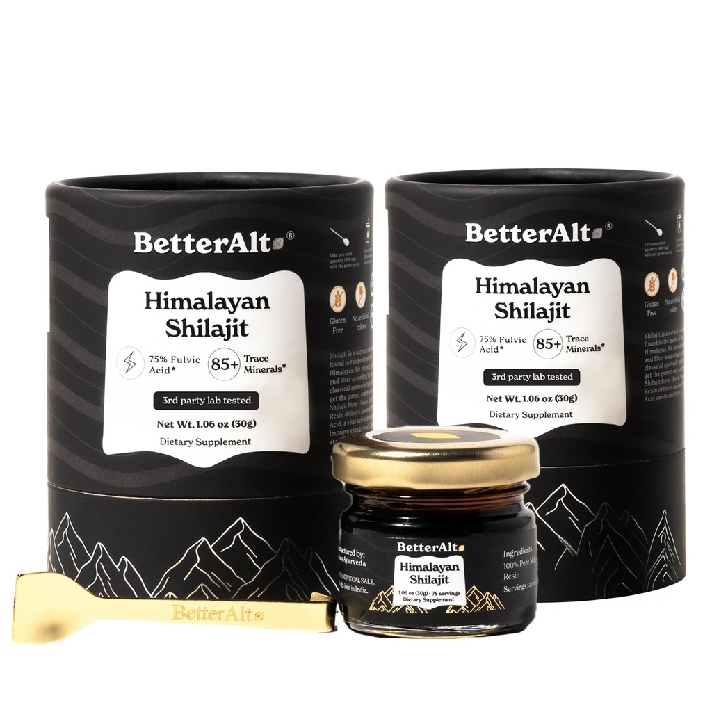 Better Alt Pure Himalayan Shilajit Resin Pack of 2 High Potency Gold Grade 150 Służenia dla Energy Boost & Wsparcie immunologiczne, 85 + Minerały śladowe, 75% + Kwas Fulvic, z laboratoryjnym raportem testowym, 400 mg