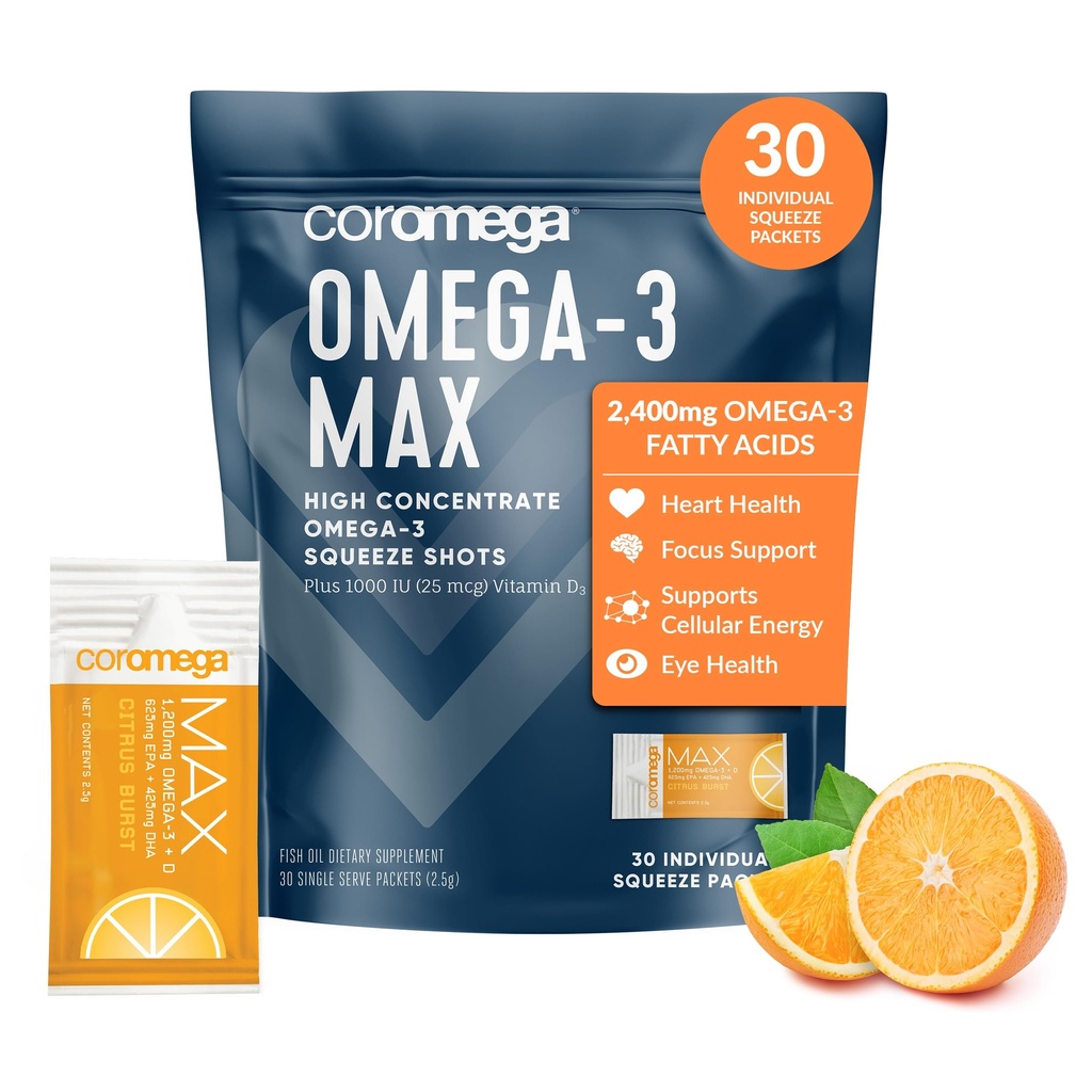 Coromega MAX 2400mg Omega-3 Fish Oil + Vitamin D Squeeze Packets, Wild-Caught, No Fishy Taste - 3X Better Absorption Than Softgels, Supports Brain & Heart Health (30 Servings,Citrus Burst)
