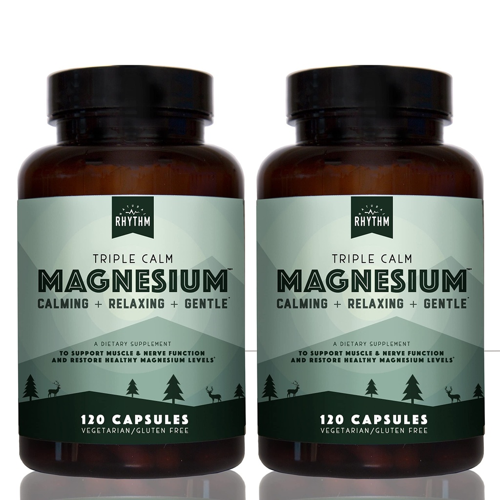 Naturalny Rhythm Triple Calm Magnezu 150 mg - 2 Pack - Magnezu Suplement z Magnezu Glycinate, Malate i Taurate. Mieszanka uspokajająca do promowania odpoczynku i relaksacji - 120 butelek