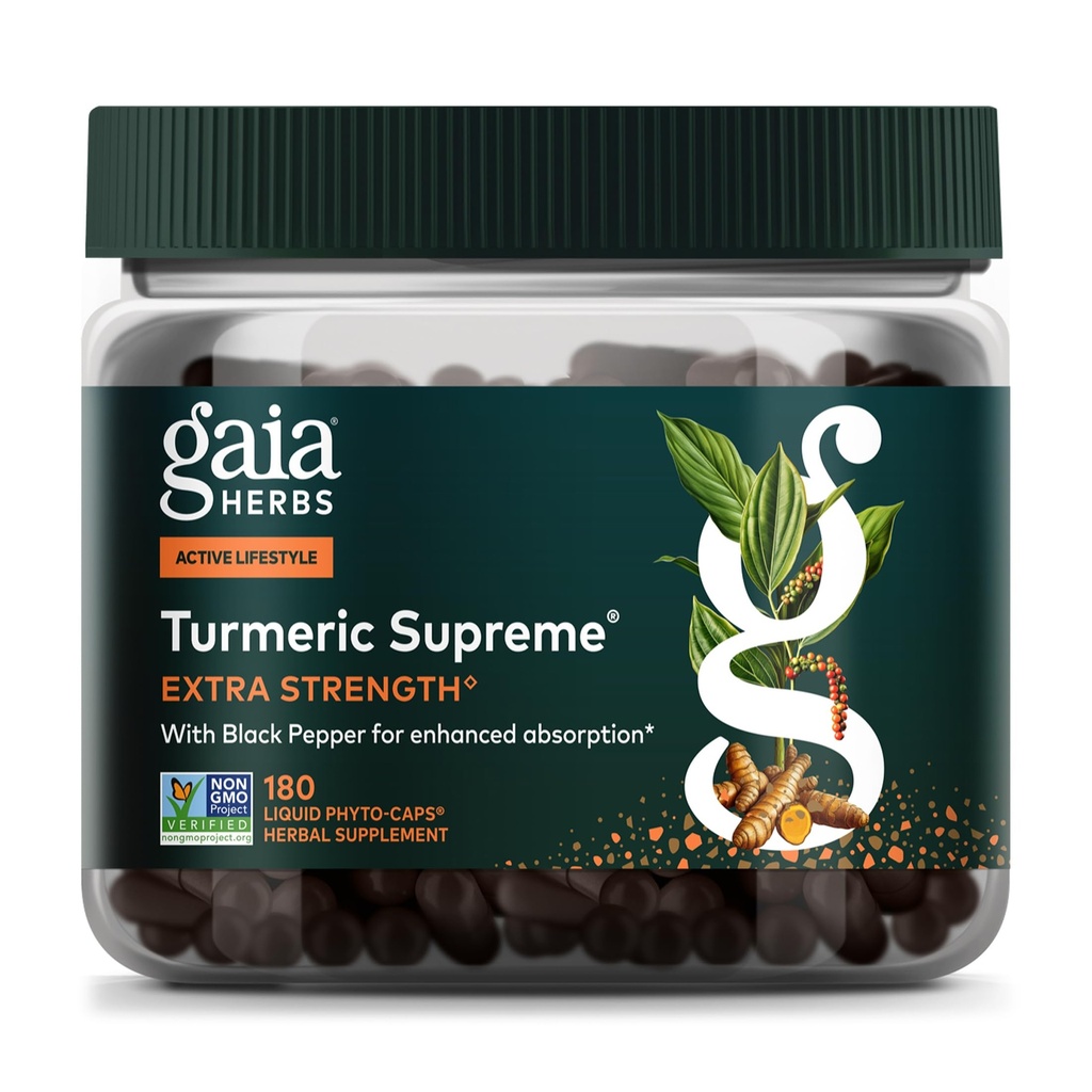 Gaia Herbs Turmeric Supreme Extra Strength - Supports Occasional Discomfort from Normal Wear & Tear* - with Turmeric Curcumin & Black Pepper - 180 Vegan Liquid Phyto-Caps (Up to 180 Servings)