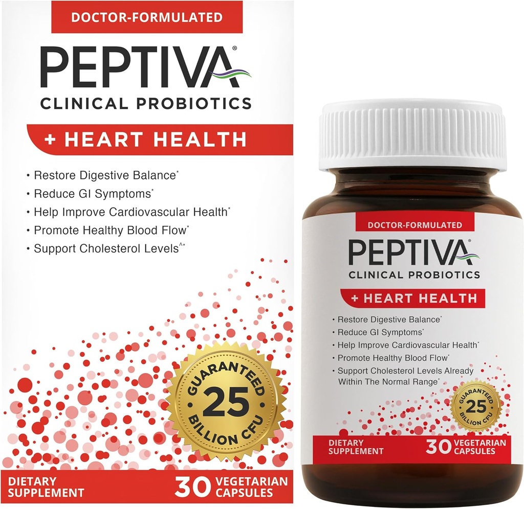 Peptiva Probiotics Heart Health - Suplement do wsparcia zdrowia serca, 25 Miliard CFU, Multi- Strein Probiotic, Lactobacillus Acidophilus, Bifidobacterium, Digestive Support - 30 Kapsułki wegetariańskie