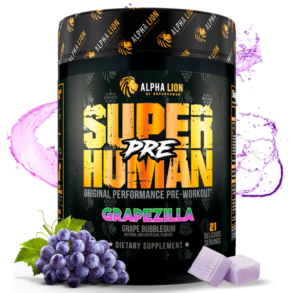 ALPHA LION Superhuman Pre Workout Powder, Beta Alanine, L- Tauryne & TriSource Cafeline for Trwała Energia & Focus, Nitric Oxide & Citruline for Pump (21 Servings, Grapezilla)