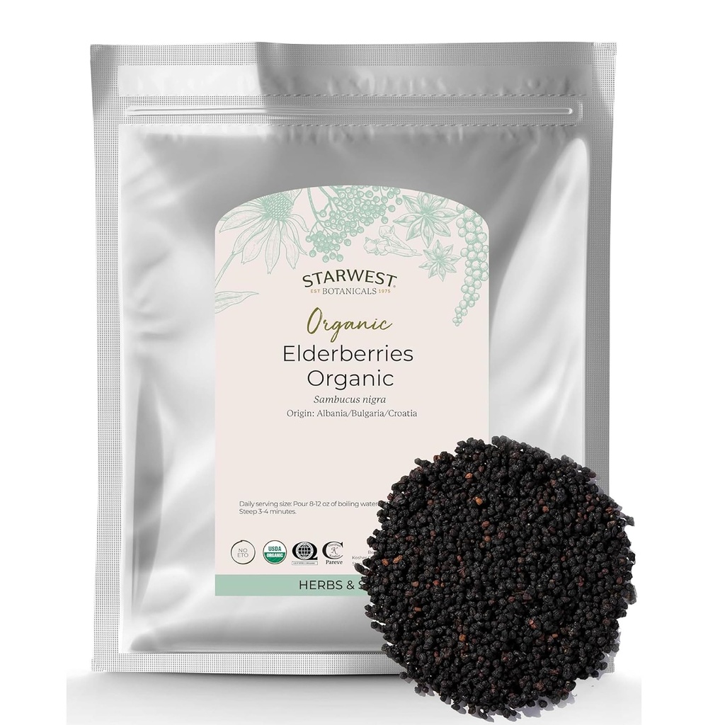 Starwest Botanicals Organic Elderberry - Suszone Elderberry dla Syrop, Herbata, Gumiaki, & Jam, Naturalne wsparcie immunologiczne, Certified Kosher, Non-GMO - Bulk 1 lb Bag