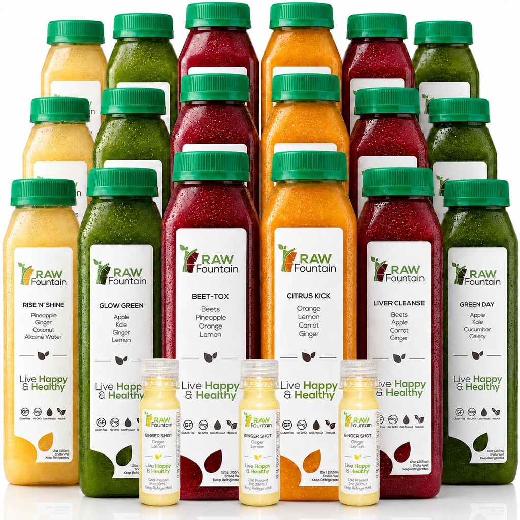 3-dniowy sok oczyszczony przez surowej fontanny, wszystkie naturalne surowe detox czyszczenie, soki na odpoczynek ciała, zimne tłumiony sok szybko, świetny sposób, aby Junmpstart zdrowej diety, 18 butelek 12oz, 3 Ginger Shots