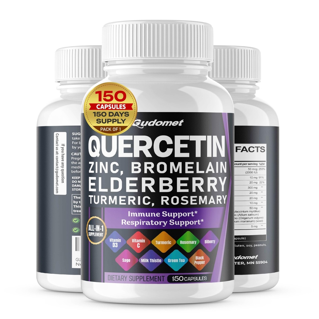 Quercetin Bromelain Cynk Witamina D3 Elderberry Turmeric Rosemary Bilberry Sage Odorless Czosnek zielona herbata Mleko Thistle Oregano -150 Capsules - Made in USA