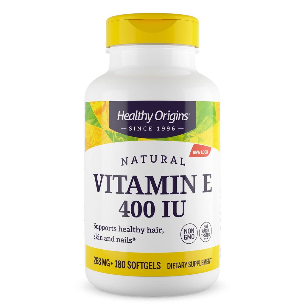 Zdrowe początki witaminy E 400 j. m. (Naturalne, Non-GMO, Gluten Free, Wsparcie skóry, Wsparcie sercowo-naczyniowe), 180 Softgels